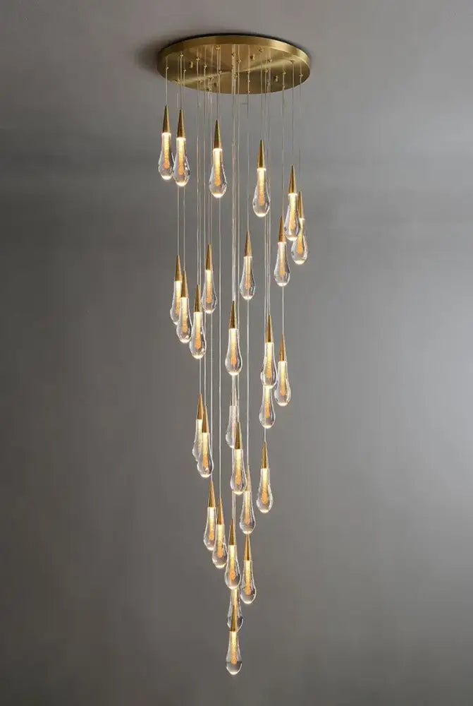 Modern gold crystal light chandelier staircase cascading glass teardrop