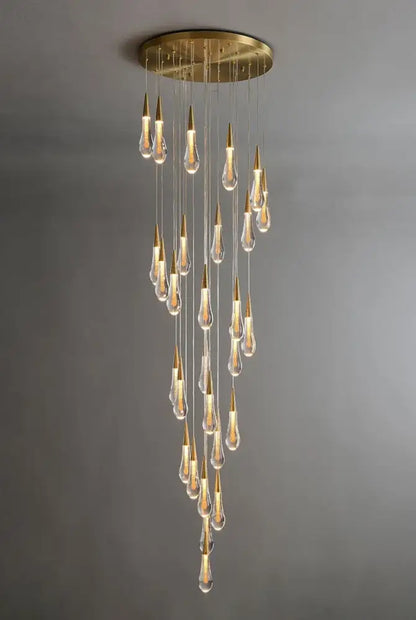 Modern gold crystal light chandelier staircase cascading glass teardrop