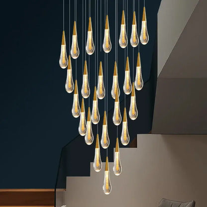 Modern gold crystal light chandelier staircase cascading glass teardrop