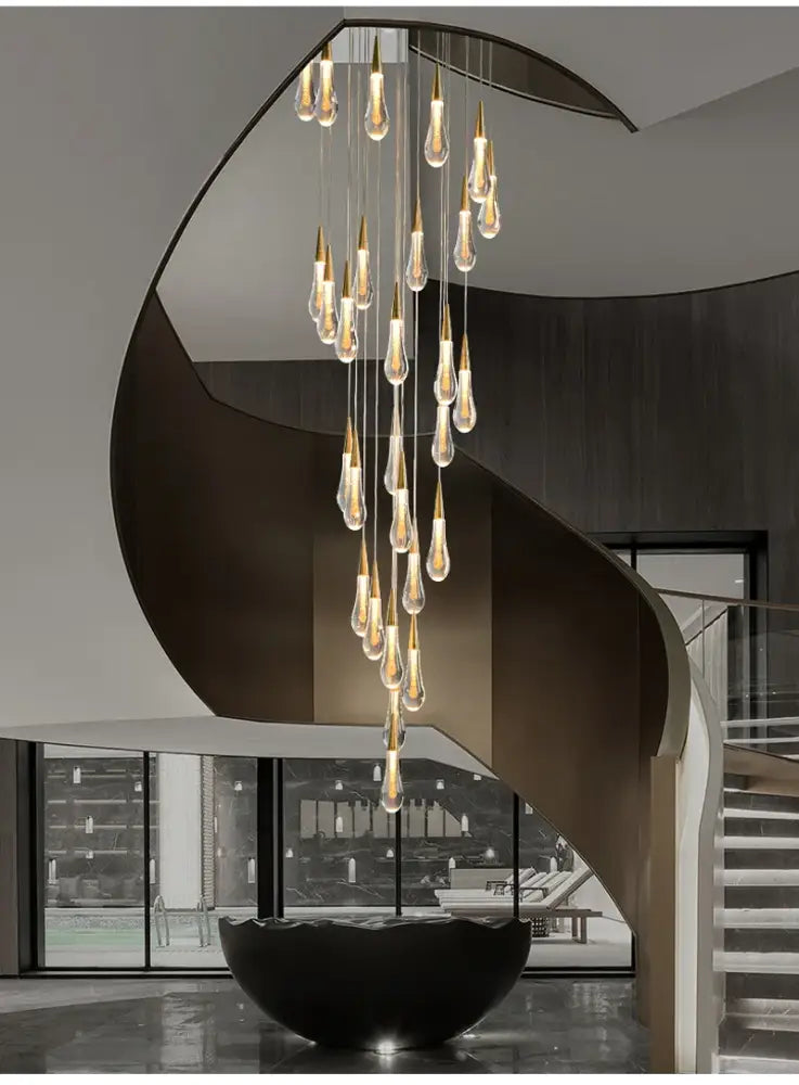 Modern gold crystal light chandelier staircase cascading glass teardrop
