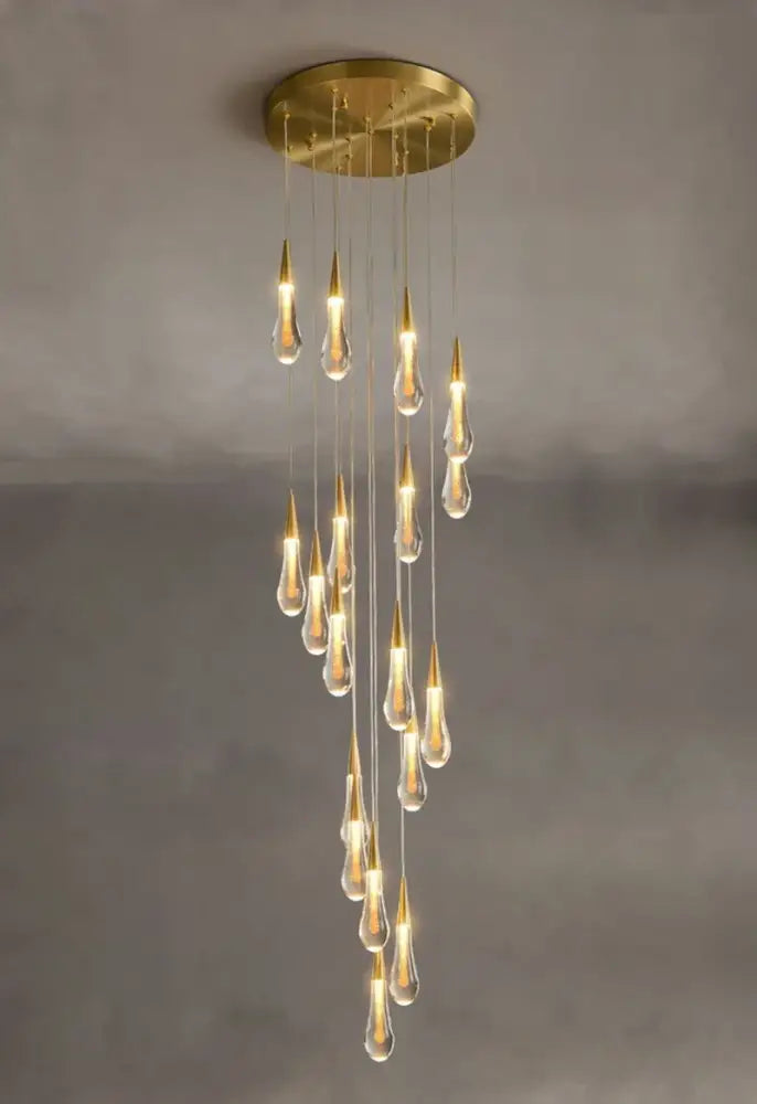 Modern gold crystal light chandelier staircase cascading glass teardrop