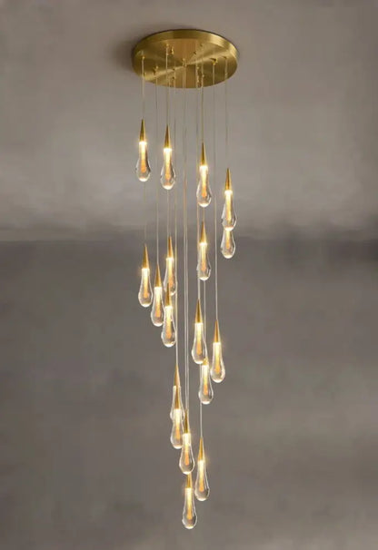 Modern gold crystal light chandelier staircase cascading glass teardrop