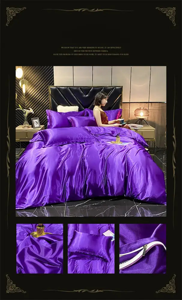 Luxurious black satin ruffled duvet cover bedding set for bedroom