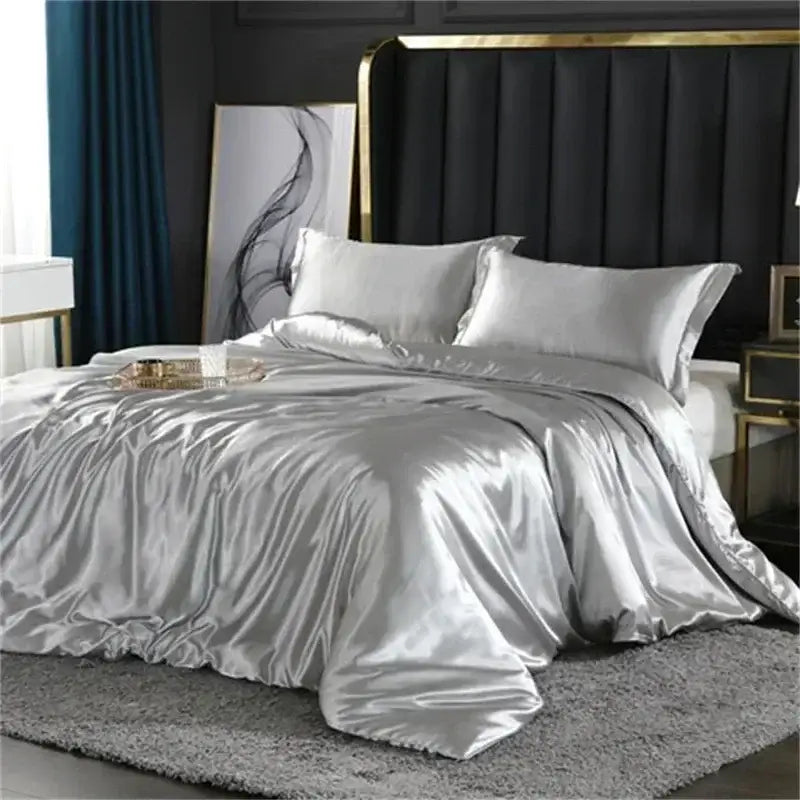 Luxurious silver satin silk duvet cover bedding set for bedroom