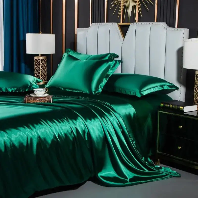 Luxurious pink satin duvet cover set bedroom silk bedding