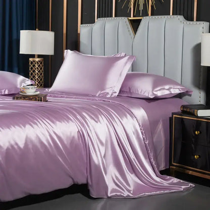 Luxurious pink satin duvet cover set bedroom silk bedding