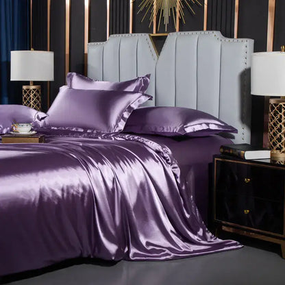 Luxurious pink satin duvet cover set bedroom silk bedding