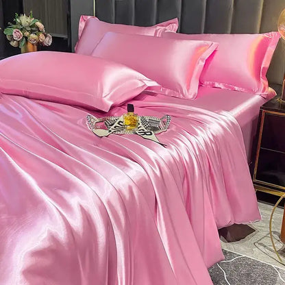 Luxurious pink satin duvet cover set bedroom silk bedding
