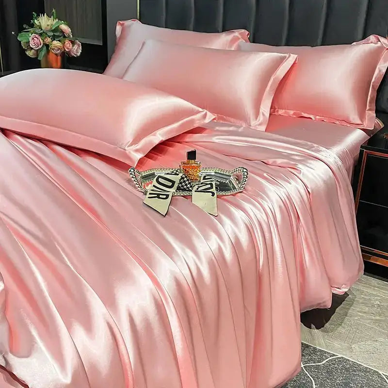 Luxurious gold satin duvet cover set bedroom silk bed sheet
