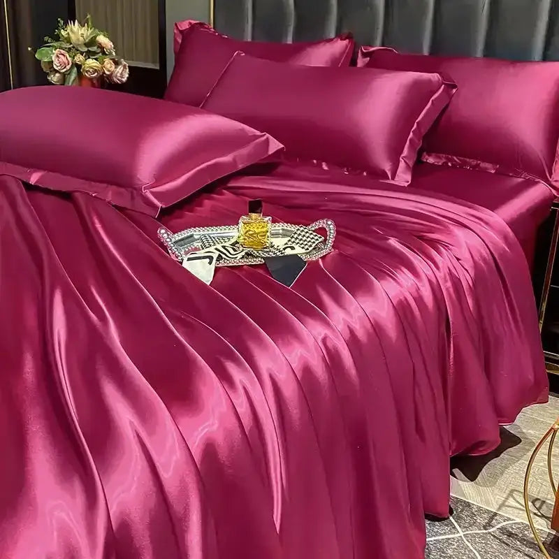 Luxurious gold satin duvet cover set bedroom silk bed sheet