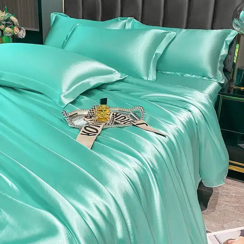 Luxurious teal satin duvet cover bedroom bedding set