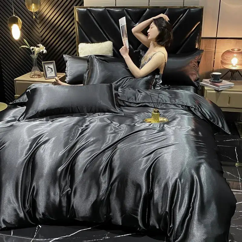 Luxurious gold satin duvet cover bedroom king size bedding set