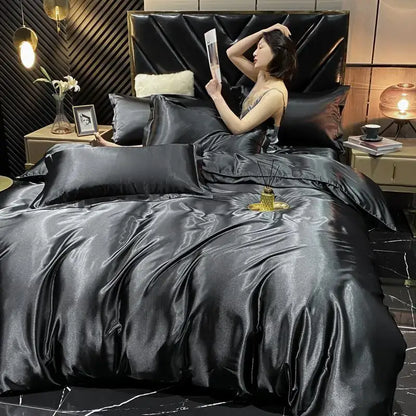 Luxurious gold satin duvet cover bedroom king size bedding set