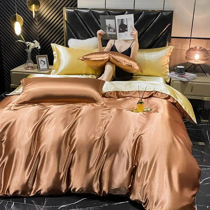 Luxurious gold satin duvet cover bedroom king size bedding set