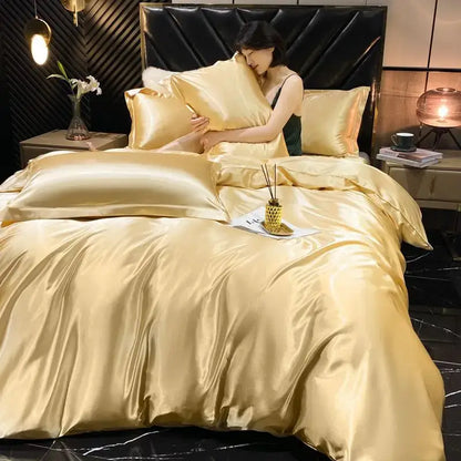 Luxurious golden rayon silk duvet cover bedroom bedding set