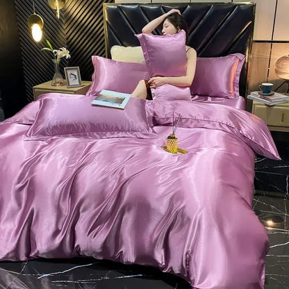 Luxurious pink satin 4 pcs duvet cover bedding set bedroom