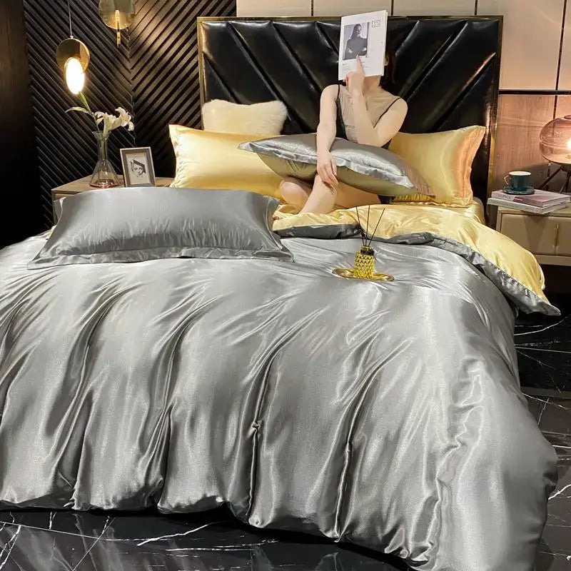 Luxurious gold satin duvet cover bedroom king size bedding set