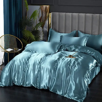 Luxurious light blue glossy satin bedding set bedroom duvet cover