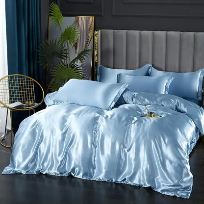 Luxurious silver satin duvet cover bedroom bedding set