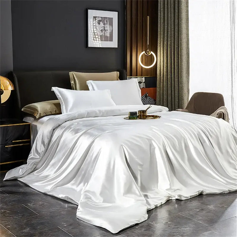 Luxurious white satin duvet cover bedroom silk bedding set