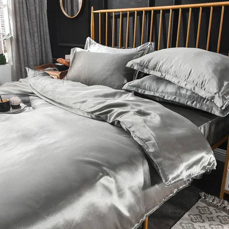 Elegant ruffled silk gray satin silk bedding set bedroom duvet cover