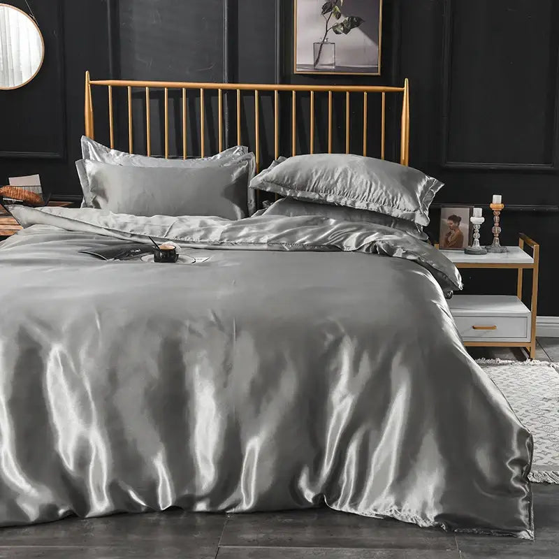 Elegant ruffled silk gray satin silk bedding set bedroom duvet cover