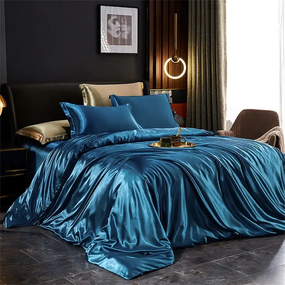 Luxurious gold & teal satin duvet cover bedding set – bedroom