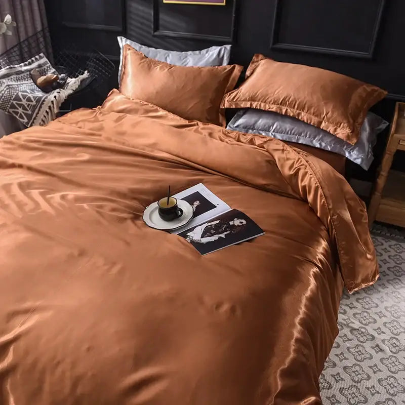 Luxurious silver & beige silk duvet cover bedding set bedroom