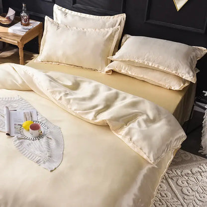 Luxurious cream satin silk bedding set for bedroom stitched edges