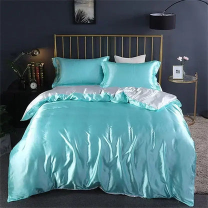 Luxurious teal satin bedding set with duvet cover for bedroom
