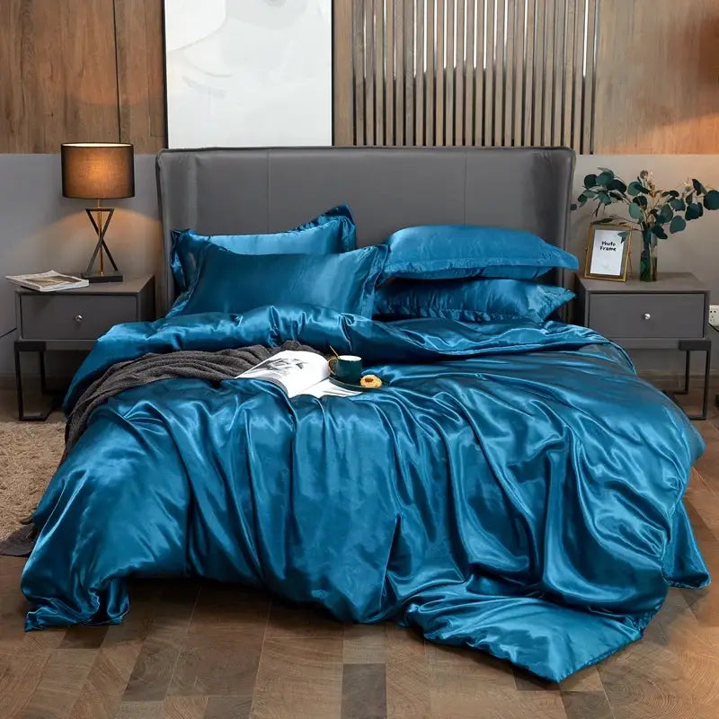 Lustrous teal satin solid color bedding set for bedroom width bed