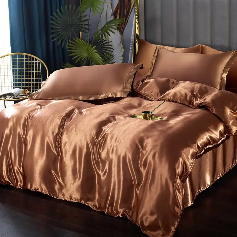 Luxurious golden satin duvet cover bedroom bedding set