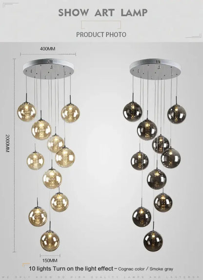 Modern loft dark & amber glass spiral chandelier dining room pendant
