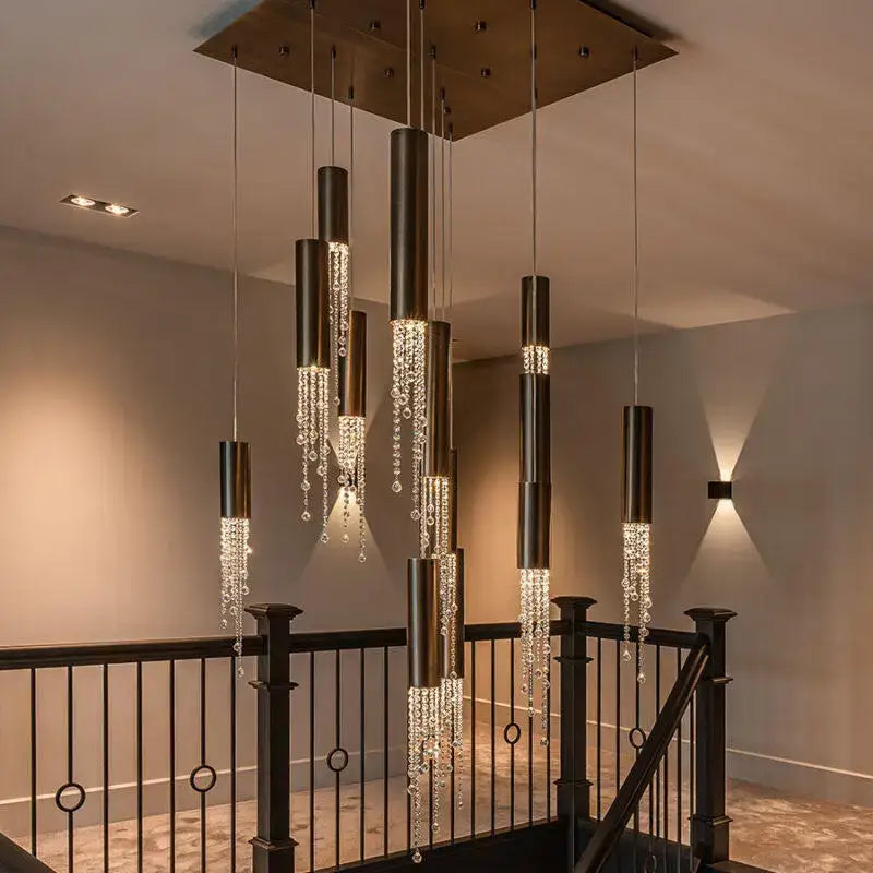 Modern chrome crystal led chandelier staircase cascading light