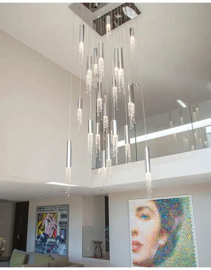 Modern chrome crystal led chandelier staircase cascading light