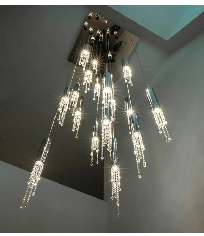 Modern chrome crystal led chandelier staircase cascading light