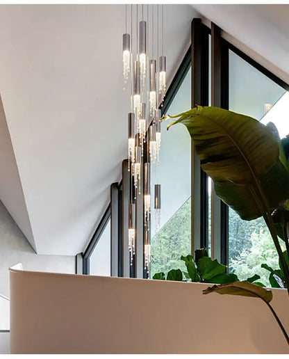 Modern chrome crystal led chandelier staircase cascading light