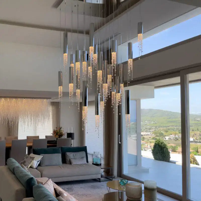 Modern chrome crystal led chandelier staircase cascading light
