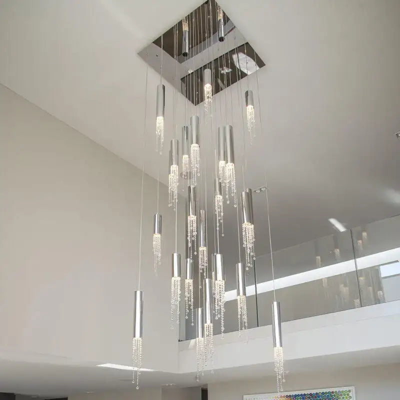 Modern chrome crystal led chandelier staircase cascading light