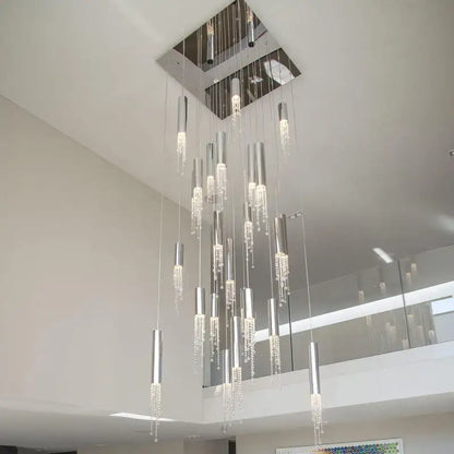 Modern chrome crystal led chandelier staircase cascading light