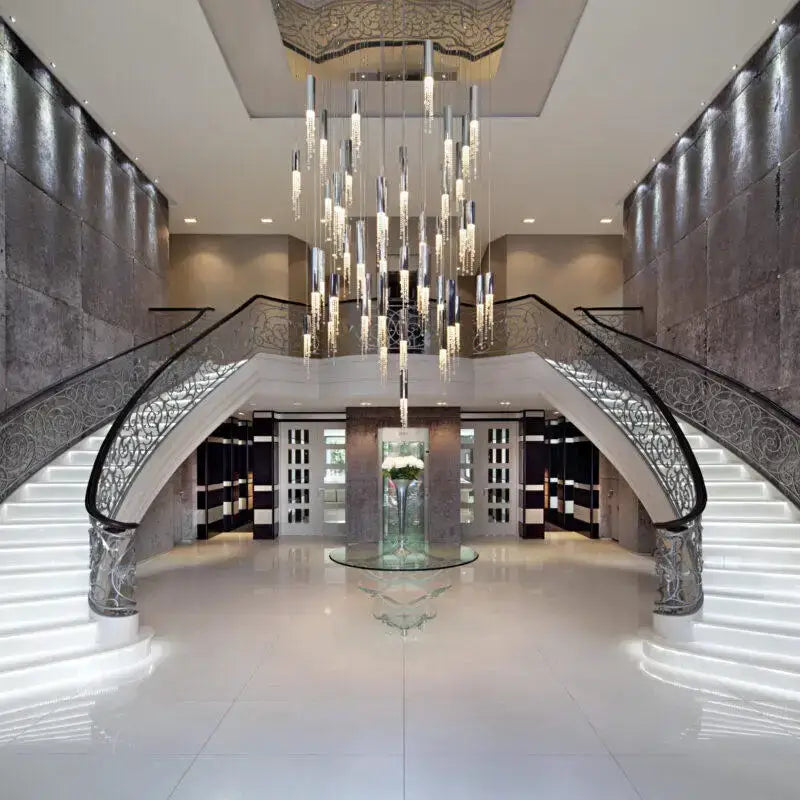 Modern chrome crystal led chandelier staircase cascading light