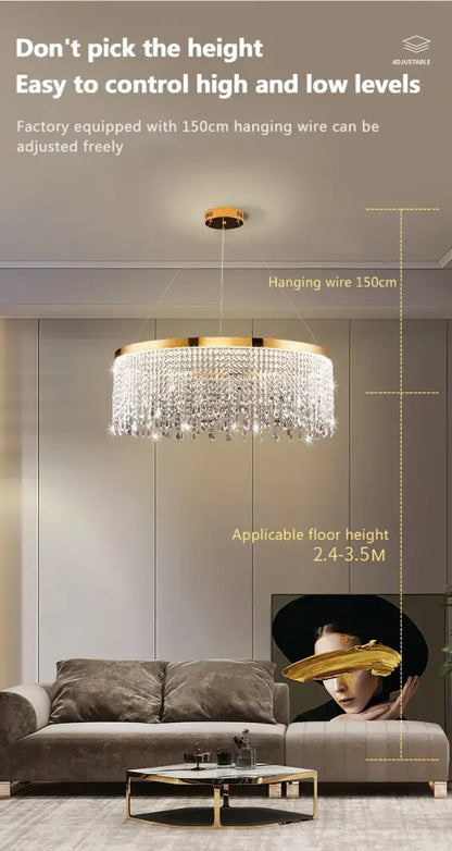 Luxury gold circular crystal chandelier dining room pendant light