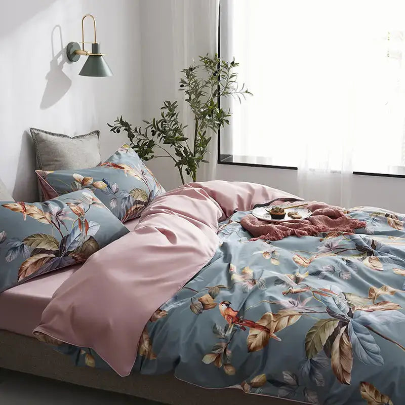 Luxury flamingo and leaf egyptian cotton duvet cover bedroom set