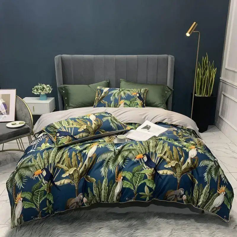Botanical flamingo leaf egyptian cotton duvet cover bedroom set