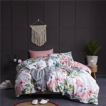 Luxury flamingo and leaf egyptian cotton duvet cover bedroom set