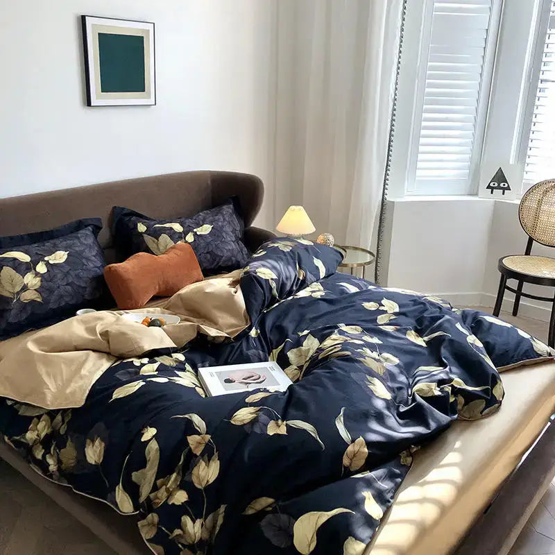 Luxury navy & gold egyptian cotton quilted bedding set bedroom