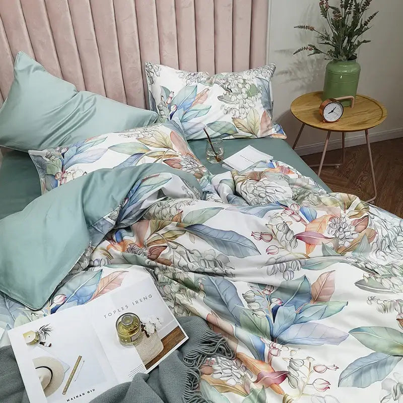 Botanical flamingo leaf egyptian cotton duvet cover bedroom set