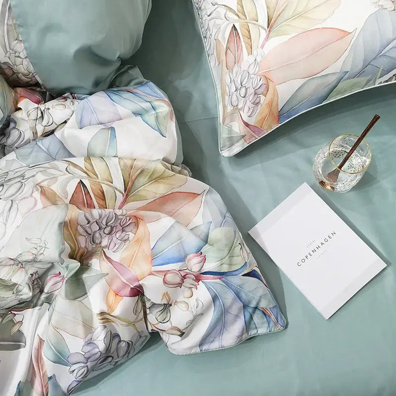 Botanical flamingo leaf egyptian cotton duvet cover bedroom set