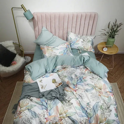 Luxury pastel green & white floral duvet cover bedroom set