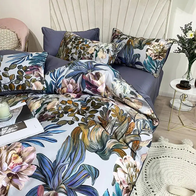 Luxury pastel green & white floral duvet cover bedroom set